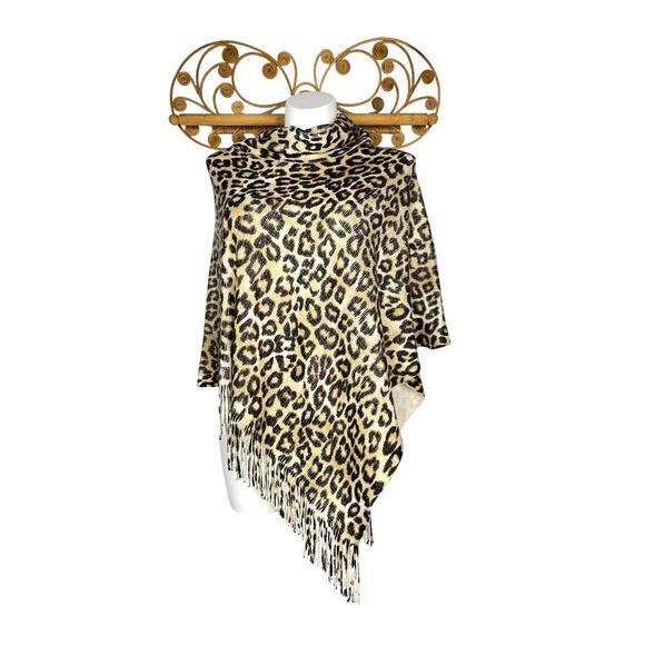 Chico's Cozy animal  leopard print fringe cowl neck poncho OS - Picture 1 of 5